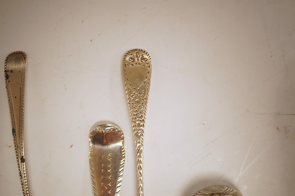 A small quantity of assorted mainly 19th century and later small flatware including teaspoons, coffee spoons and condiment spoons, various dates and makers, a Dutch? white metal spoon and a Victorian silver christening t